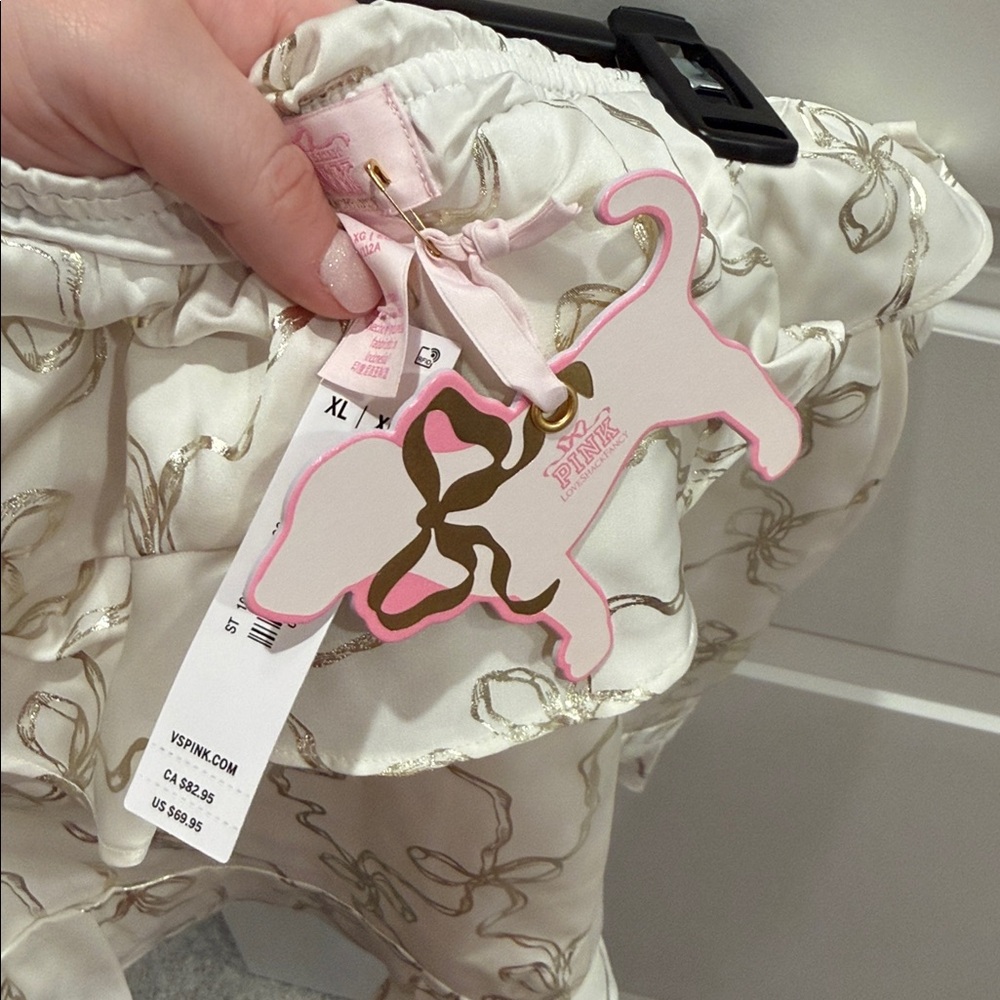 NWT LOVESHACKFANCY X PINK Cream Ruffle Skirt with Gold Bow Print - Picture 3 of 3